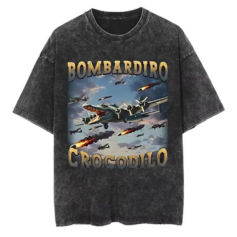 Vintage Washed Bombardiro Crocodilo T Shirt Funny Plane Bomber Crocodile Meme T-shirts Men Women Gothic Casual Humor T Shirts