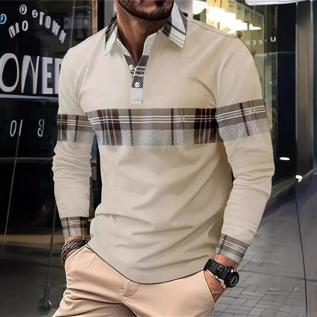 Top bărbătesc cu mânecă lungă, guler înalt, pulover, rever, mărime mare, carouri, imprimat