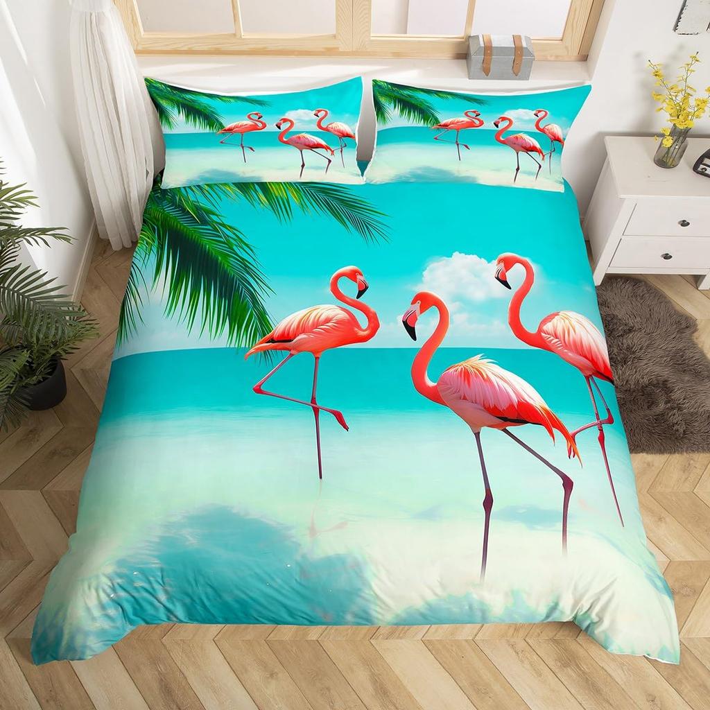 Pink Flamingo Bedding Set Palm Leaves Printed Decor Duvet Cover Twin Size Tropical Green Plants Floral Pattern Nature Themed