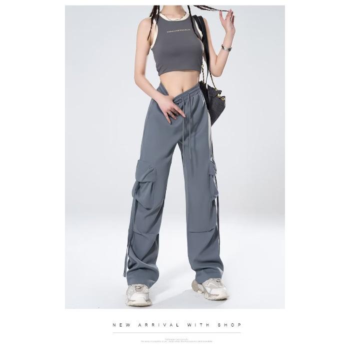 Рабочие брюки синие женские маленькие летние тонкие широкие брюки с высокой посадкой прямые драпированные S темно-серого