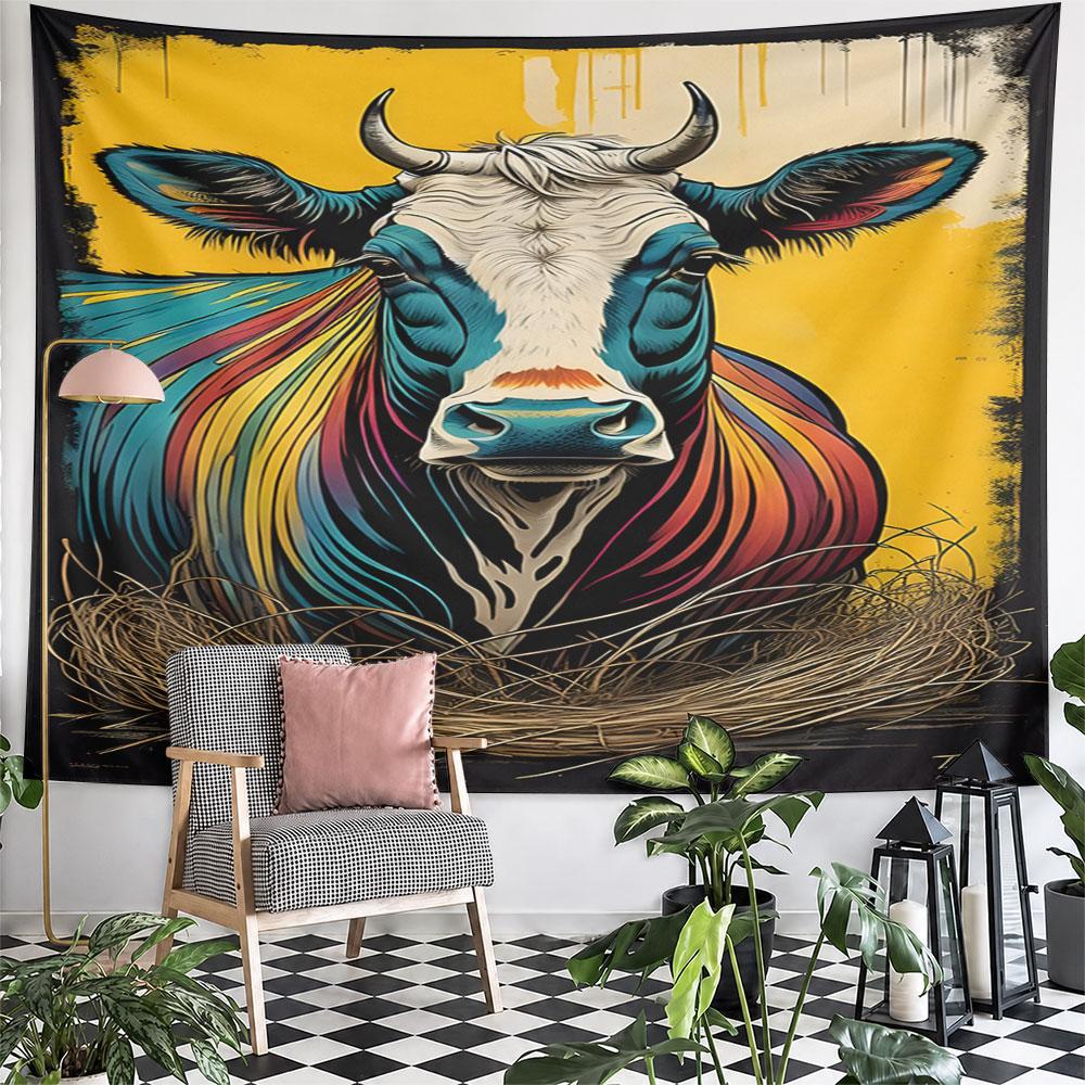 Colorful Bull Illustration On Yellow Background Pattern Wall Hanging Tapestry Decorative Tapestry Home Decor for Bedroom and Living Room