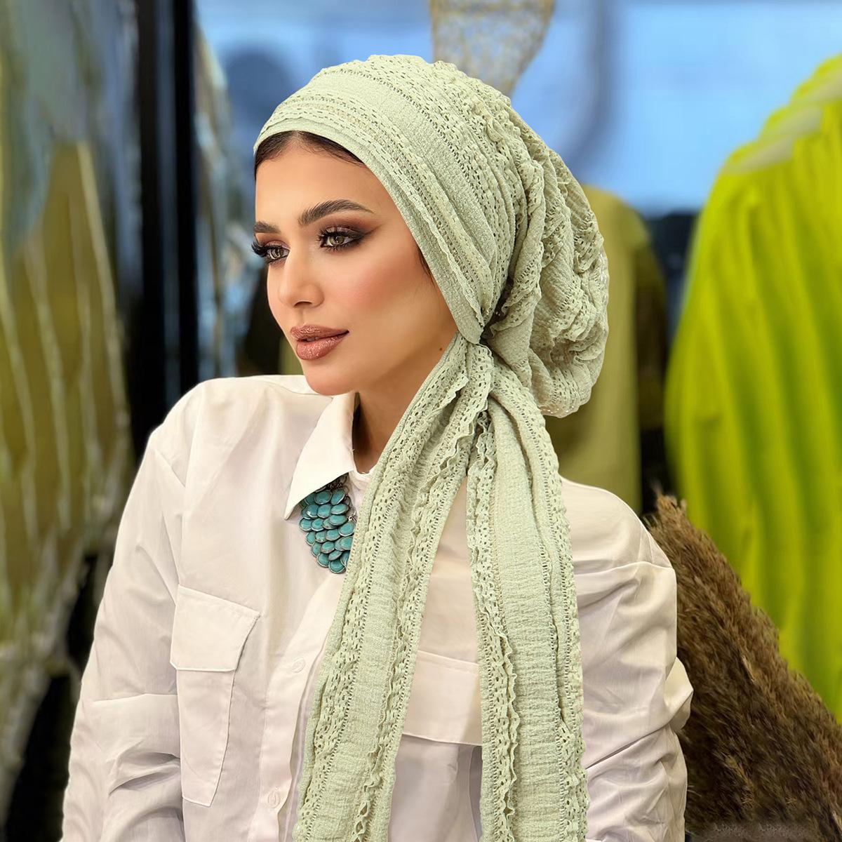 

1pc Double-Layer Lace Women s All Seasons Soft Elastic Pleated Head Scarf Cap Breathable Hair Caps Fashionable Turban Bonnet світло-зелений колір