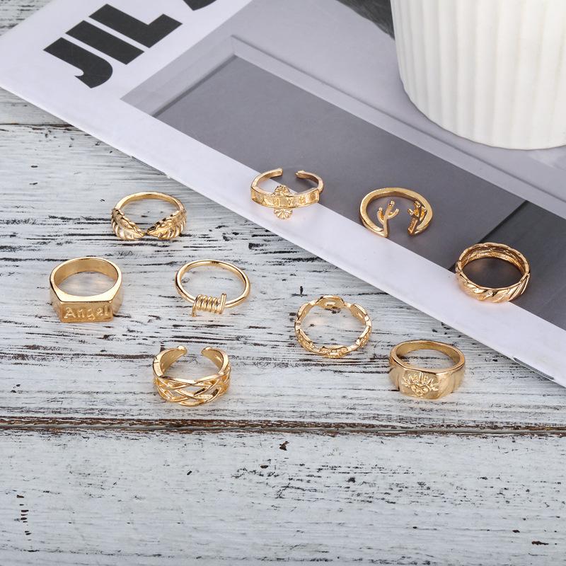 Ring, Fashion Letter Angel Leaf Mesh Ring, Personality Spring 9-Piece Gold Plated Set Ring