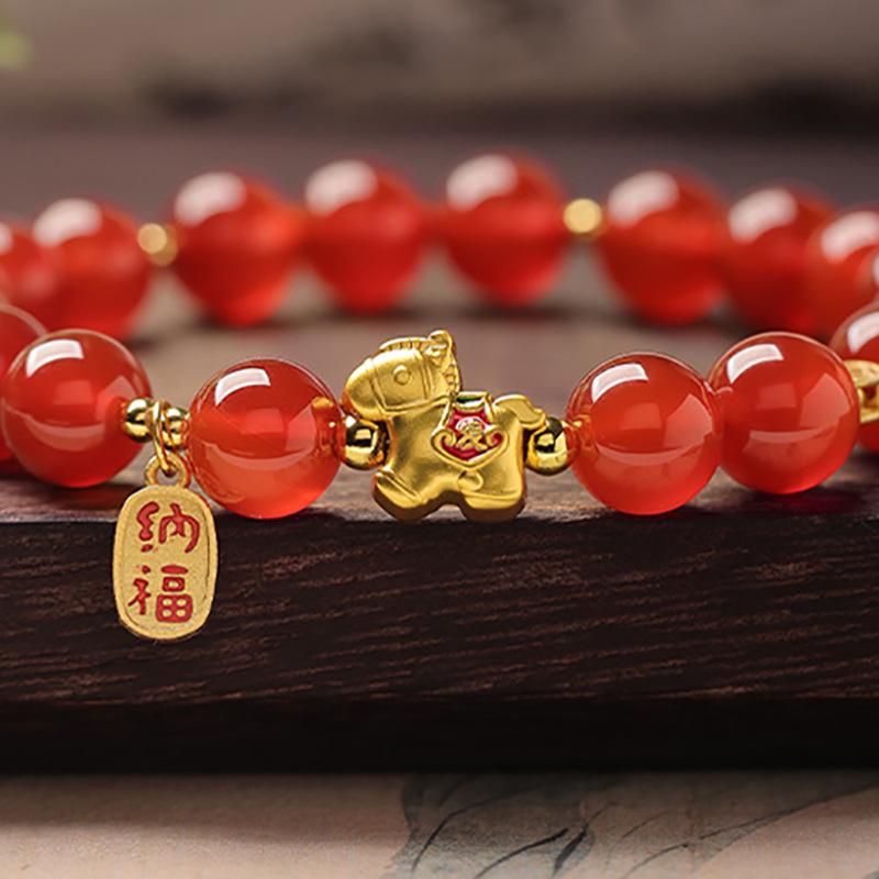 Natural Red Agate Horse Zodiac Bracelet for Women - 2026 New Style with Sand Gold Accents
