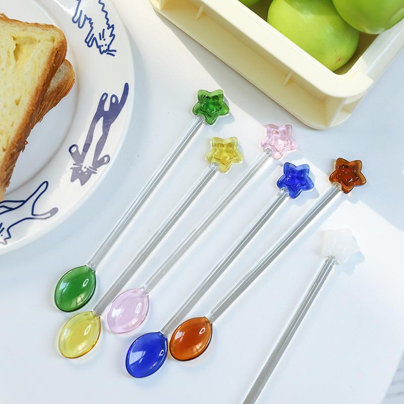 Creative Star Coffee Spoon Kitchen Dessert Cake Scoops Colorful Glass Tea Spoons Long Handle Mixing Round Spoon