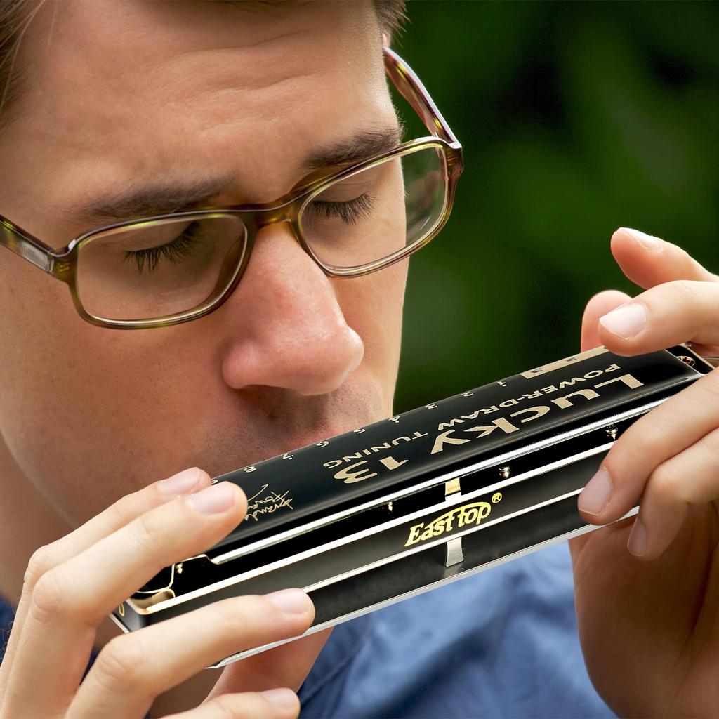 East Top Harmonica, 13-Hole Blues Harmonica In G, for Jazz Professionals, Adults, and Children, Study and Practice, Brass Cover, Canvas Case, Lucky13