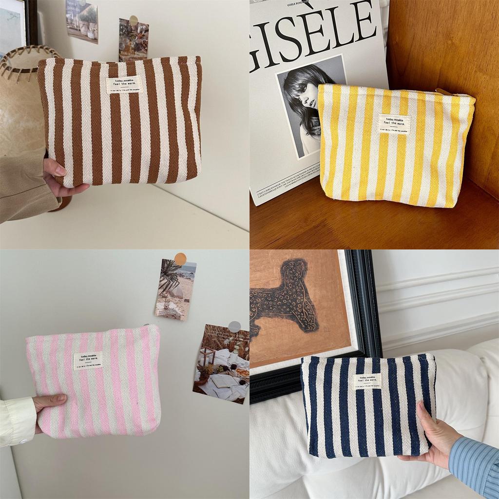 Stylish Striped Cosmetic Bag For Women Street Fashion Large Capacity Portable Simple Handheld Makeup Bag