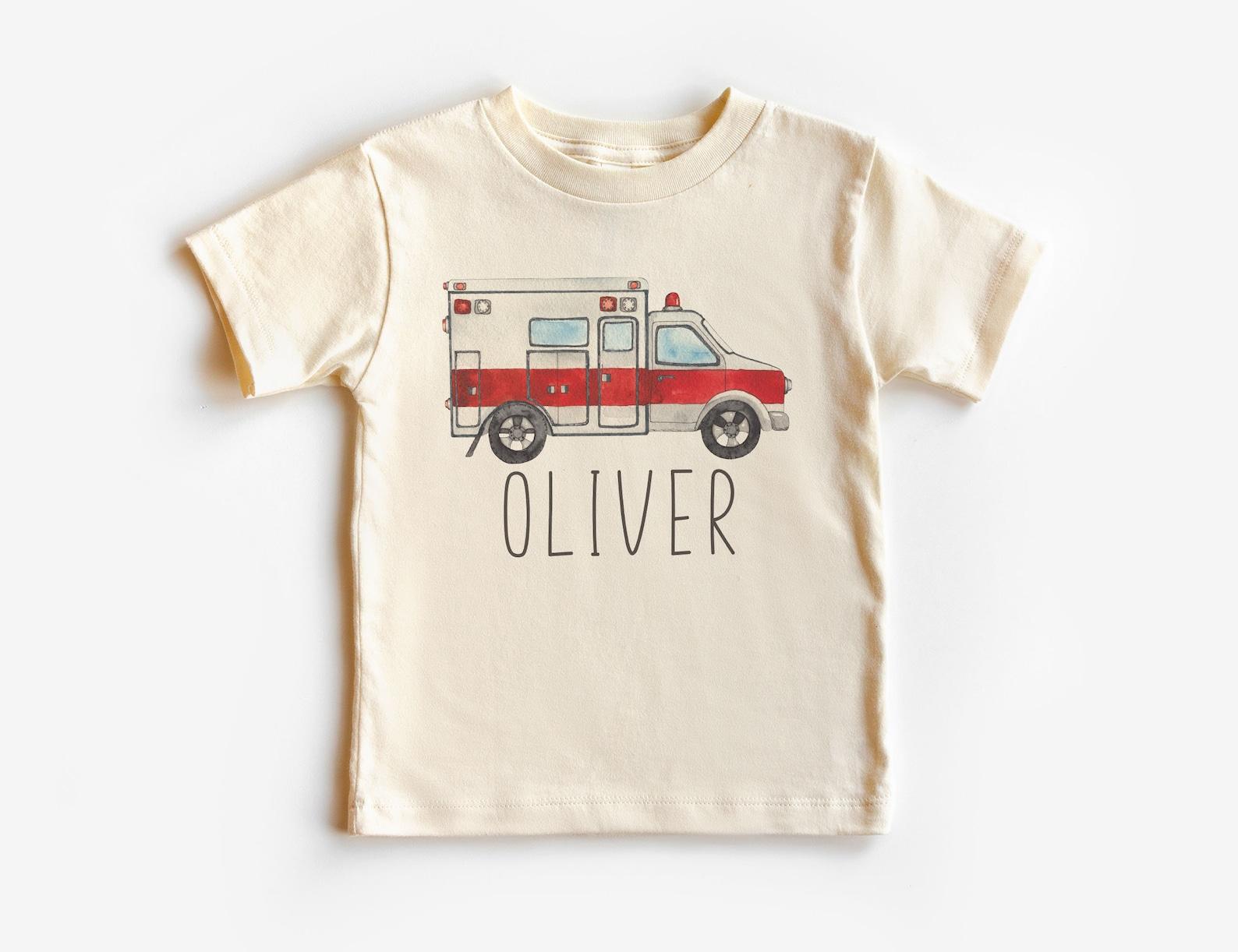 Personalized Cute Ambulance Unisex Shirt - Custom Name Emergency Vehicle EMT Tee - Future Paramedic Shirt - Boho Natural Kids Shirts 120