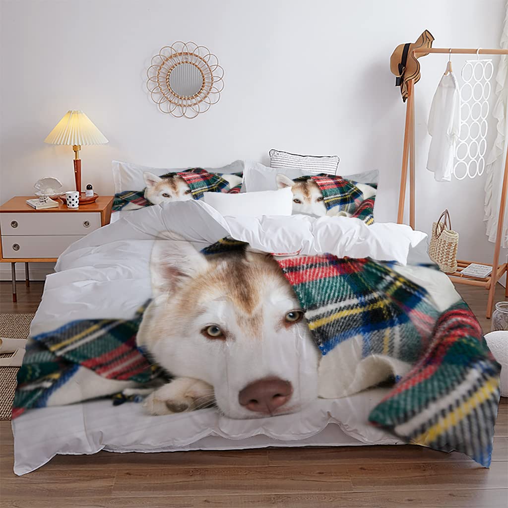 Boys Girls Duvet Covers Puppy Dog Husky Pattern White Duvet Children Cute Dog for Bedroom Decoration Dog Lovers Gifts Queen King