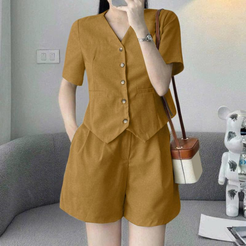 ZANZEA Women Short Sleeve Blouse and Shorts Summer Two Piece Suit Sets