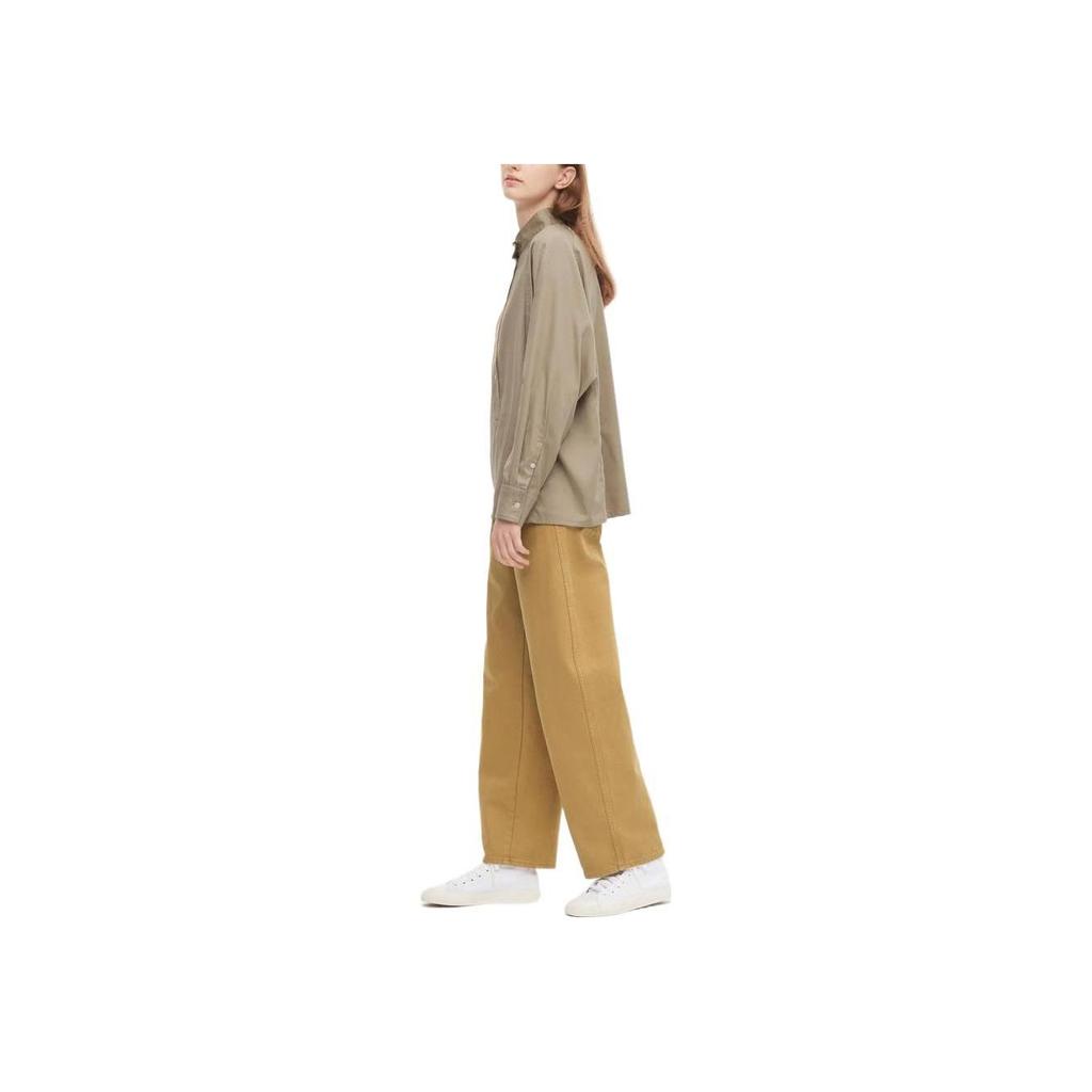 Uniqlo Solid Color Stand Collar Single Breasted Long Sleeve Shirt Women Shirts Khaki 451343-33
