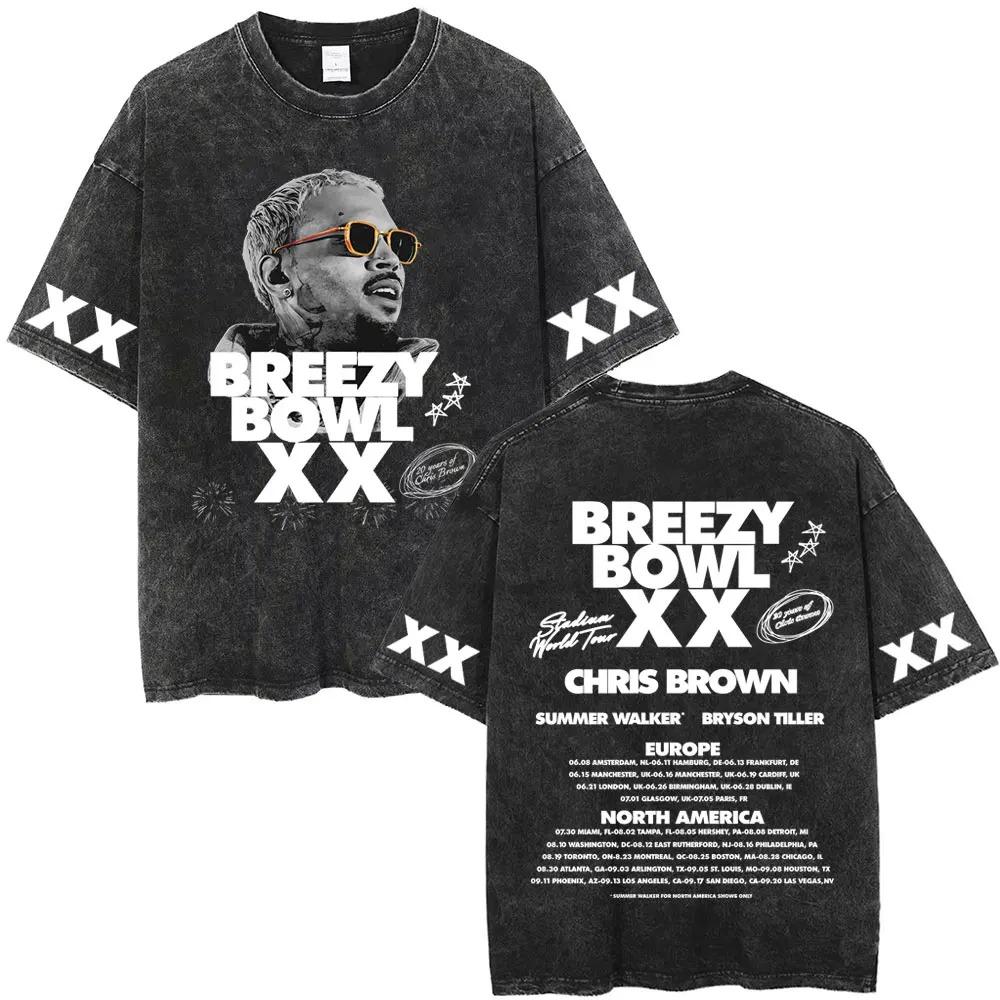 Vintage Washed Chris Brown Graphic T-shirt Breezy Bowl XX Tour 2026 Merch T Shirts Men Women Hip Hop Fashion Oversized T-shirts