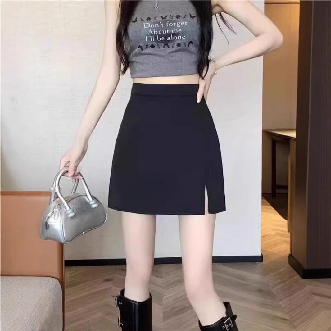 

2025 Korean High Waist Black Midi Skirt: Spring College Style, Plus Size Slimming A-line L