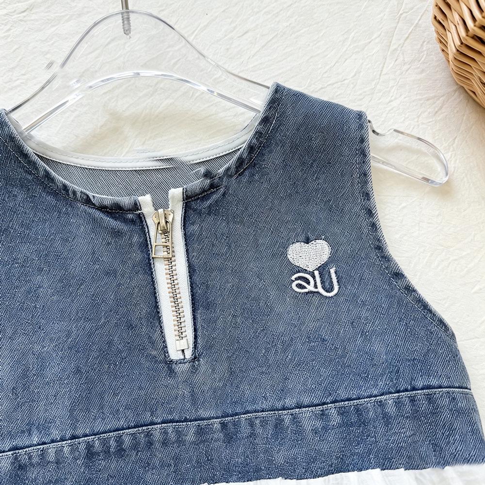 Meisjes Denim Kant Patchwork Mouwloze Jurk - Zomer 2026 Prinsessenstijl