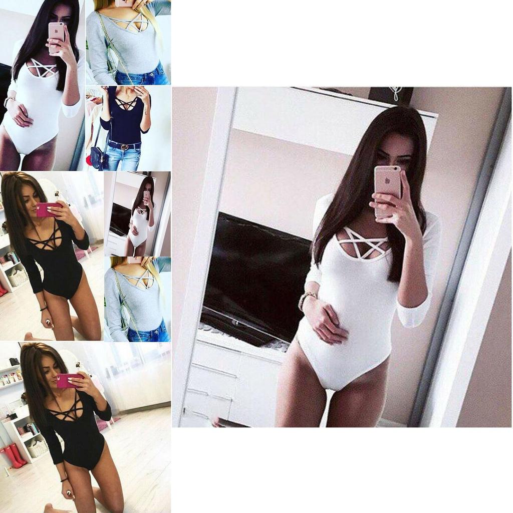 Elegant Womens V Neck Plunge Long Sleeve Plain Stretch Bodysuit Catsuit Leotard Top