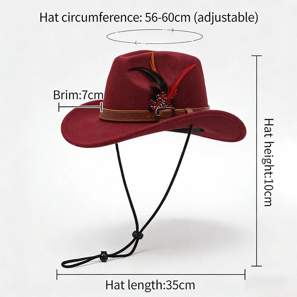 Mode mit Gürtelschnalle Filz Fedora Hüte Breiter Rand Feder Show Jazzhut Wollfilz Cowboyhut Herren Damen