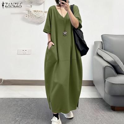 Women Casual V-Neck Loose Half Sleeve Long Dress