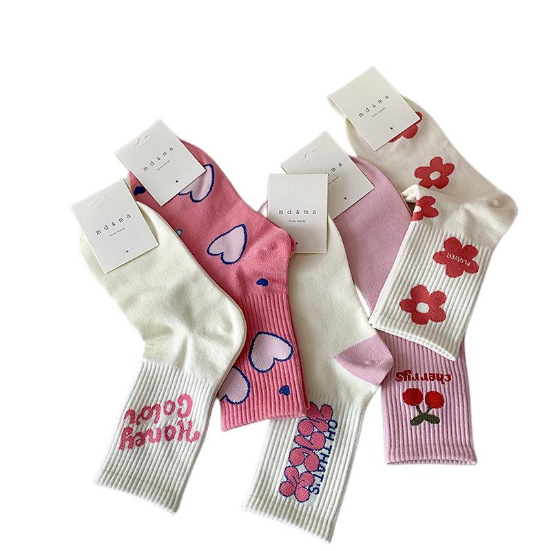 Women's Mid-Calf Socks: Japanese-Inspired Pink Floral with Lettering, Cute and Versatile for Spring & Autumn.