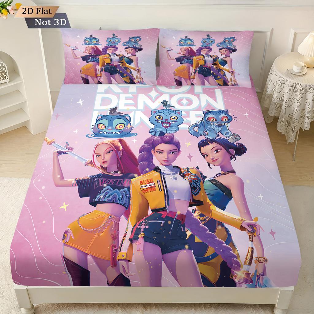 3pcs K-Pop Demon Hunters Print Coreless Bed Sheet Set Multiple Sizes Soft Bed Cover Bedroom Bedding Decoration Machine Washable
