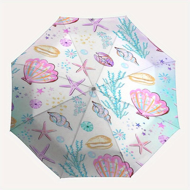 Seashell Pattern Automatic Folding Umbrella  Simple 8 Rib Design, Bright Cartoon Pattern, Durable Iron Frame, Suitable For Travel, Outdoor,