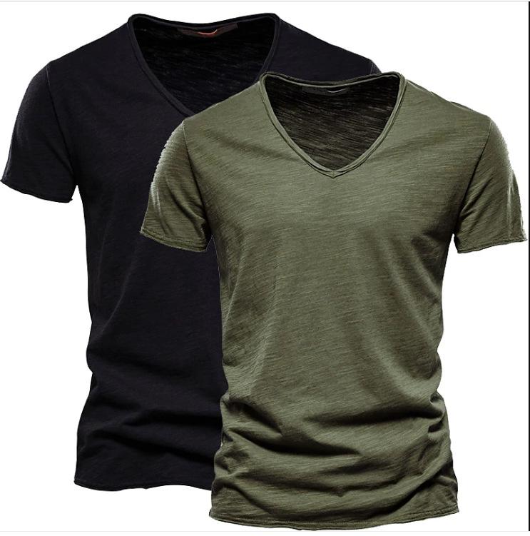 

2-piece Summer Men s Solid Slub Cotton V-neck Short Sleeve T-shirt Pure Cotton Men s Wear Vintage Casual Wear Minimalist Fashion Breathable Shirt XL