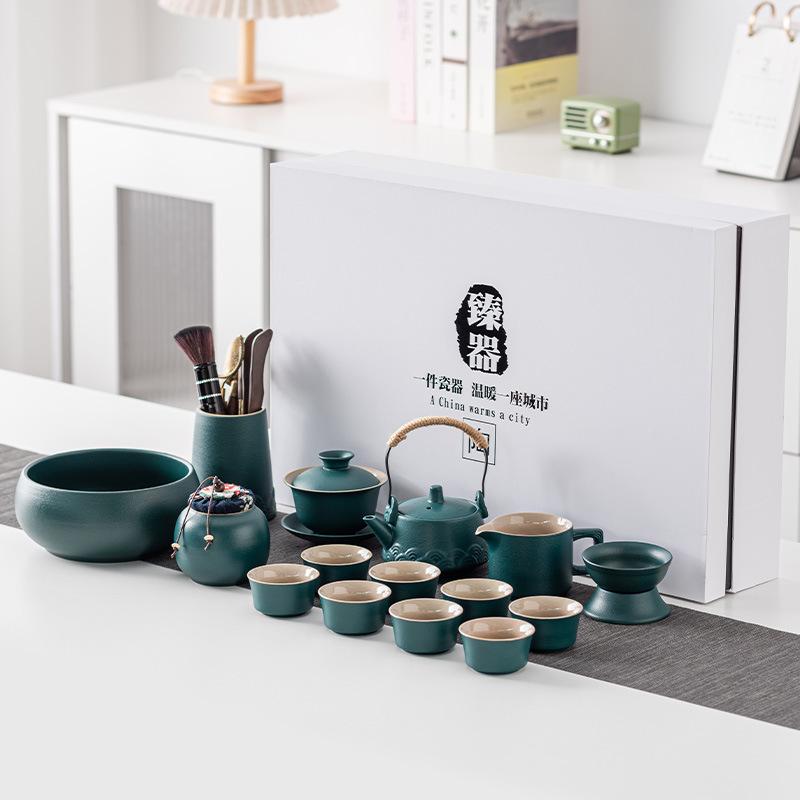 High-end Black Pottery Kung Fu Tea Set Home Living Room Simple Ceramic Dry Brew Tea Tray Light Luxury Modern Large Set Gift Box