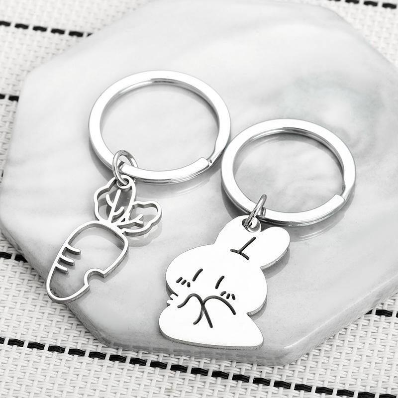 Rabbit Carrot Stainless Steel Keychain Lovely Cartoon Design Fashion Couple Keyring Practical Student Backpack Pendant