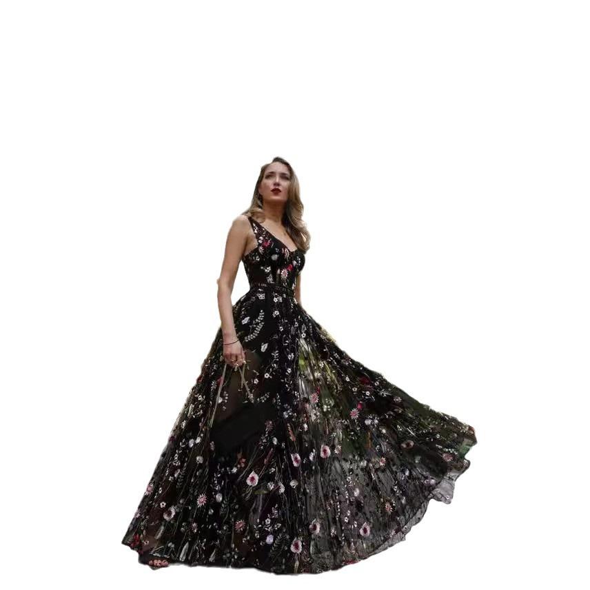 eBay Sexy Deep V Sleeveless Embroidered Dress, Slim Halter Dress Prom Dress Long Dress