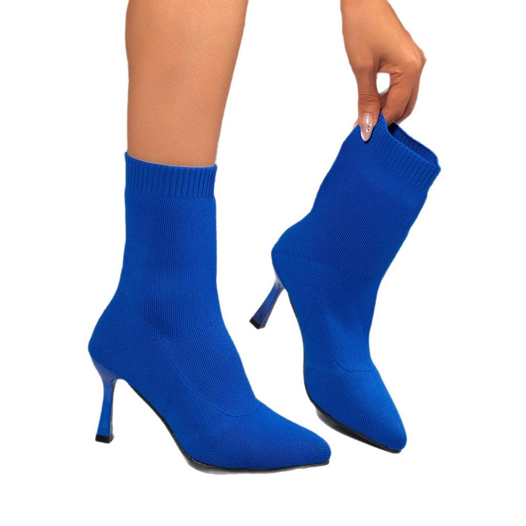 Sexy Knitting Stretch High Heels Sock Boots Woman Autumn Blue Breathable Pointed Toe Ankle Boots Women