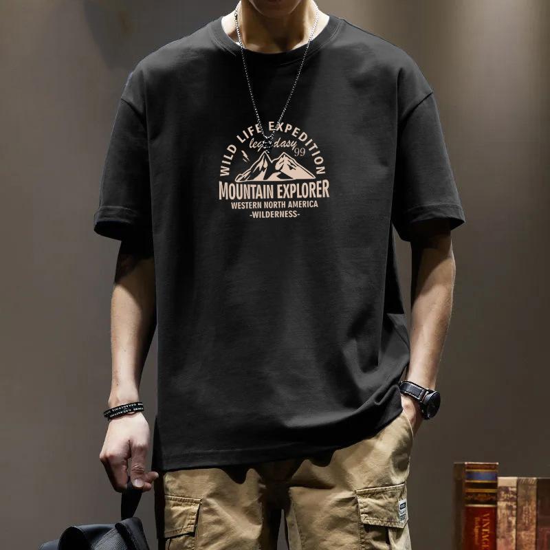 Cotton Short Sleeved T-shirt for Men Spring and Summer Sports Style American Retro Hong Kong Style Ins Trendy Brand T-shirt High-end Base Shirt