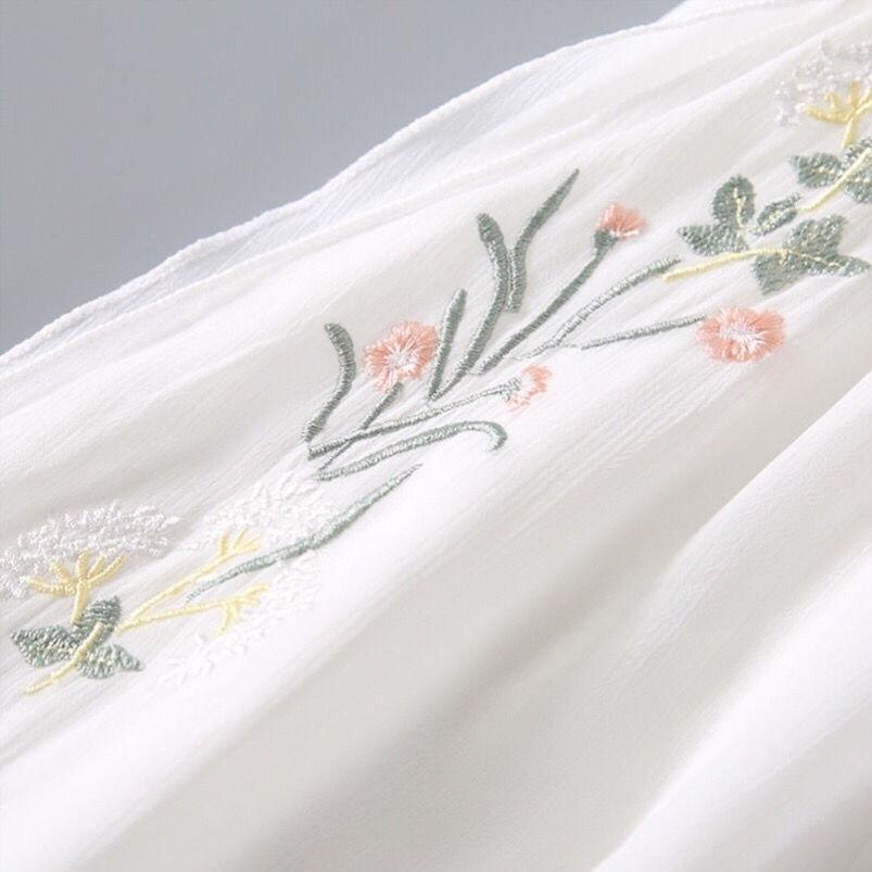 2024 Summer Women's Fairy Hanfu Dress with Embroidery and Frog Buttons - Retro Chiffon Midi Skirt.