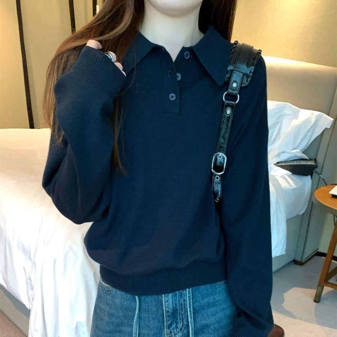 

Женский трикотажный свитер в корейском стиле с отложным воротником, Осень/Зима 2025 - Простой, Повседневный, Свободного кроя топ One Size темно-синий