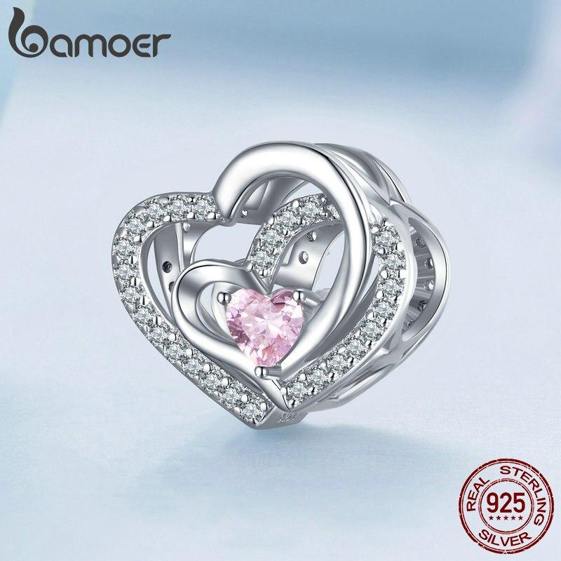 Bamoer 925 Sterling Silver Pink CZ Geometrický dutý korálek od srdce k srdci pro ženy Originální náramek a náramek šperky