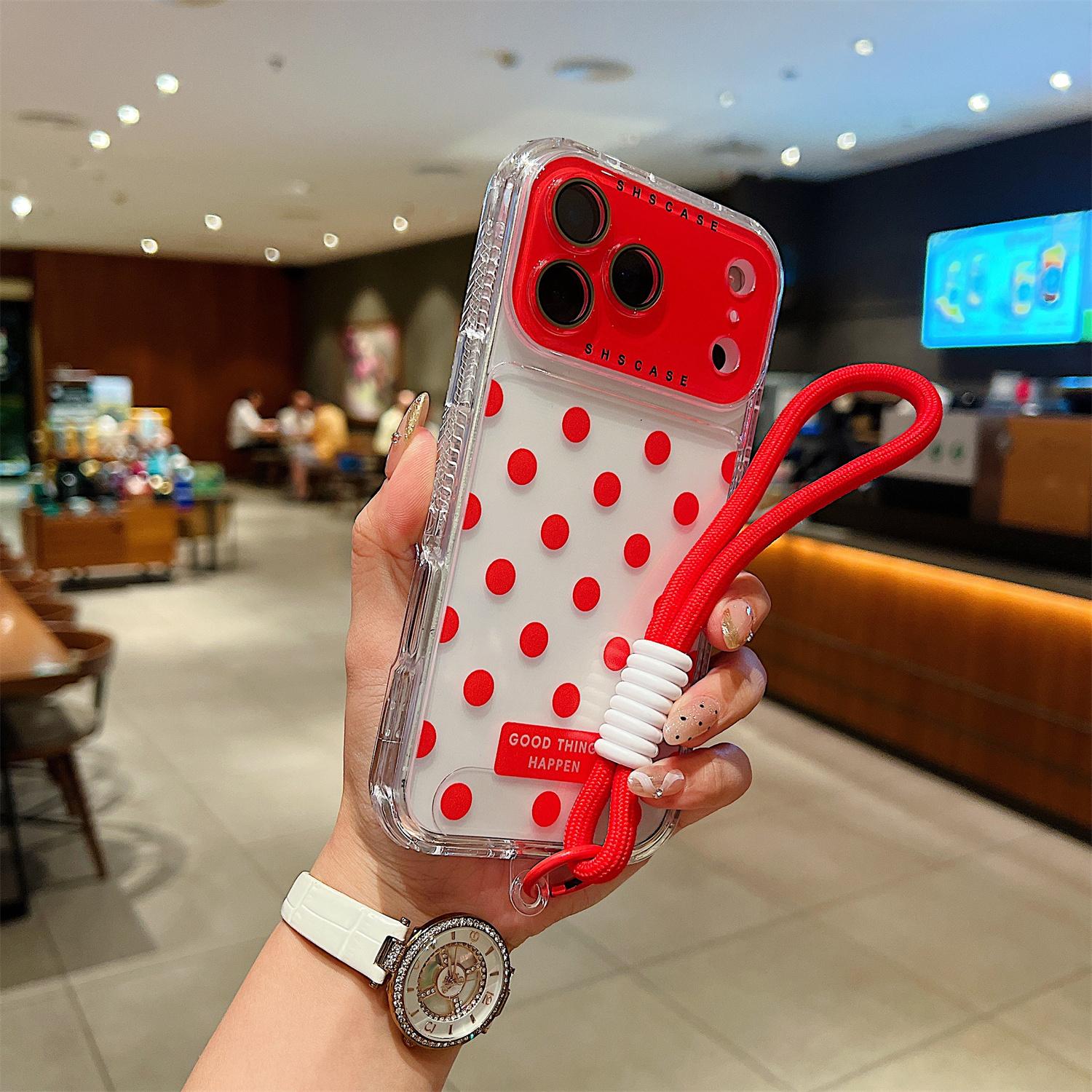 

For iPhone 17 Pro Case Polka Dot Pattern PC + TPU Phone Cover with Lens Film/Strap