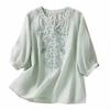 Women V-neck Shirt Elegant Floral Embroidered V Neck Blouse for Women Stylish Three Quarter Sleeve Loose Fit Shirt