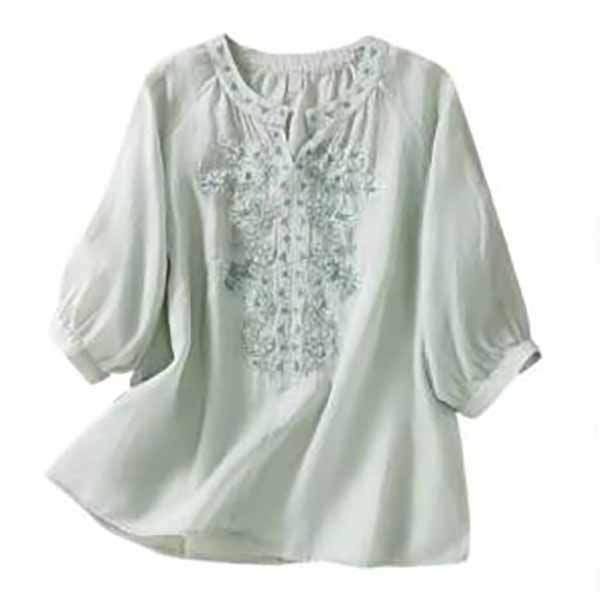 Women V-neck Shirt Elegant Floral Embroidered V Neck Blouse for Women Stylish Three Quarter Sleeve Loose Fit Shirt