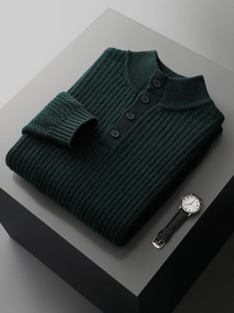 Men’s 100% Pure Wool Thick Warm Sweater, Half-High Button Collar, Autumn/Winter Knitwear for Middle-Aged Men.
