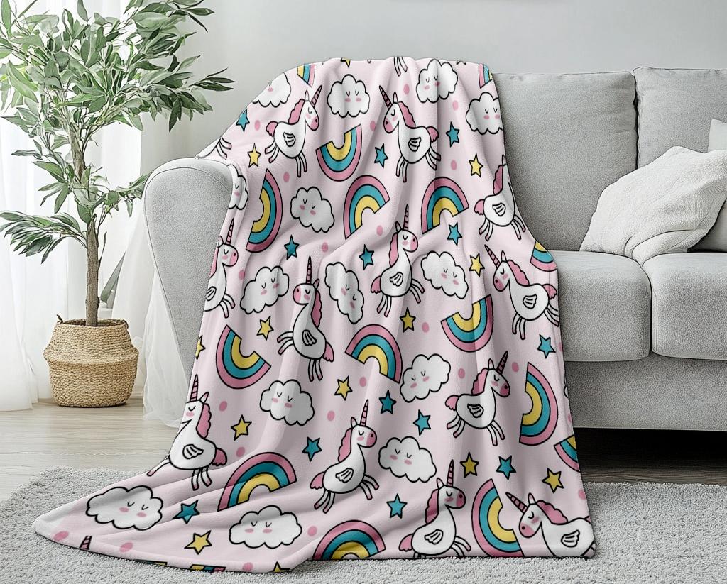 1Pc Cute Rainbow unicorn Print soft Thin Blanket Flannel Decoration Suitable for sofas bedrooms air-conditioned rooms  Gifts