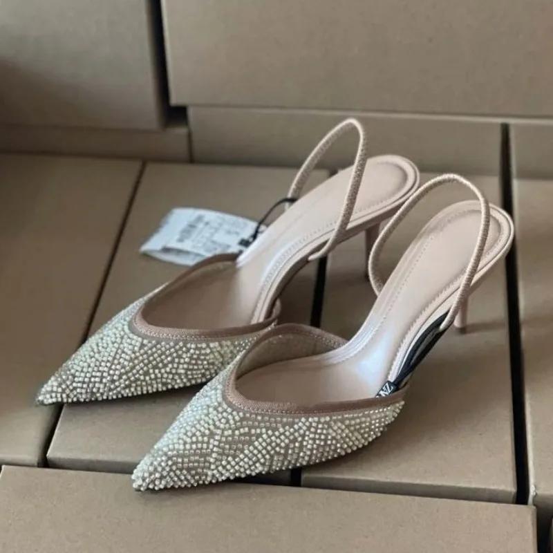 

Women Pointed Toe High Heels Stiletto Pumps, Elegant Mesh Embroidery Bead Slingback Shoes, Wedding Party Evening Dress Heels 42 бежевий