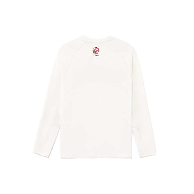 Li Ning CBA Sports Basketball Series Logo Print Crew Neck Pullover Long Sleeve T-Shirt Men Tops White ATLR099-1