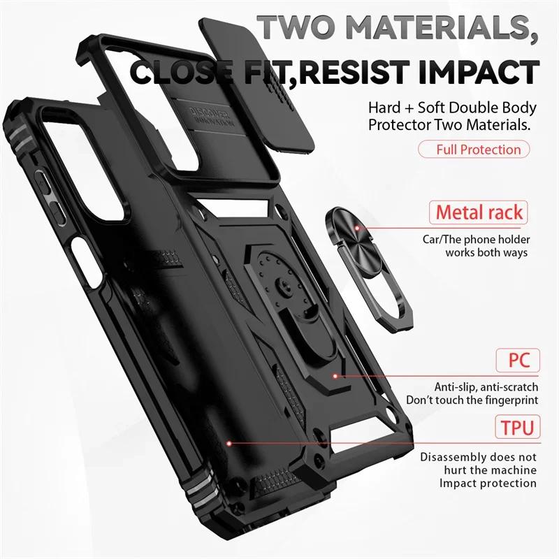 Slide Camera Lens Grade Armor Phone Case For Samsung Galaxy A73 A72 A56 A54 A36 A16 A15 A25 A35 A55 5G Holder Ring Stand Cover