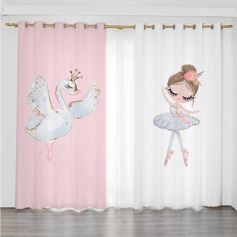 Pink Castle Cute Cartoon Girl Princess Swan Dance Shoes Semi Blackout KidsWindow Curtains for Living Room Bedroom Home Decor