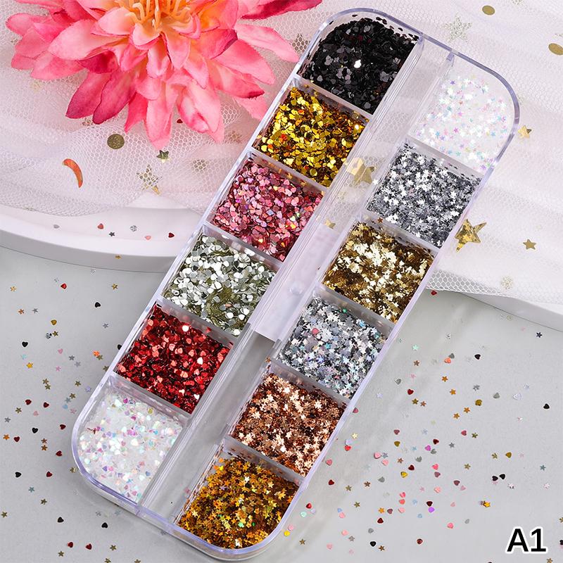 12 Grids Mixed Star Heart Nail Glitter 1Mm Star Sequin Nail Art Diy Colorful Sparkling Nail Charms Nail Decoration Accessories
