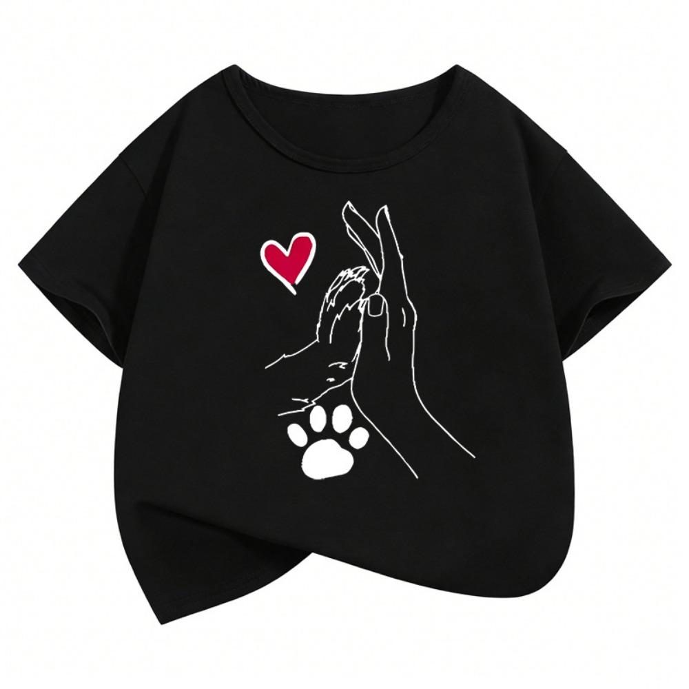 Cute Cat Paw Heart Kids Tshirts Summer Short Sleeve Tees Cartoon Boys Girls Clothes Kawaii Tops Y2K Children T-shirt
