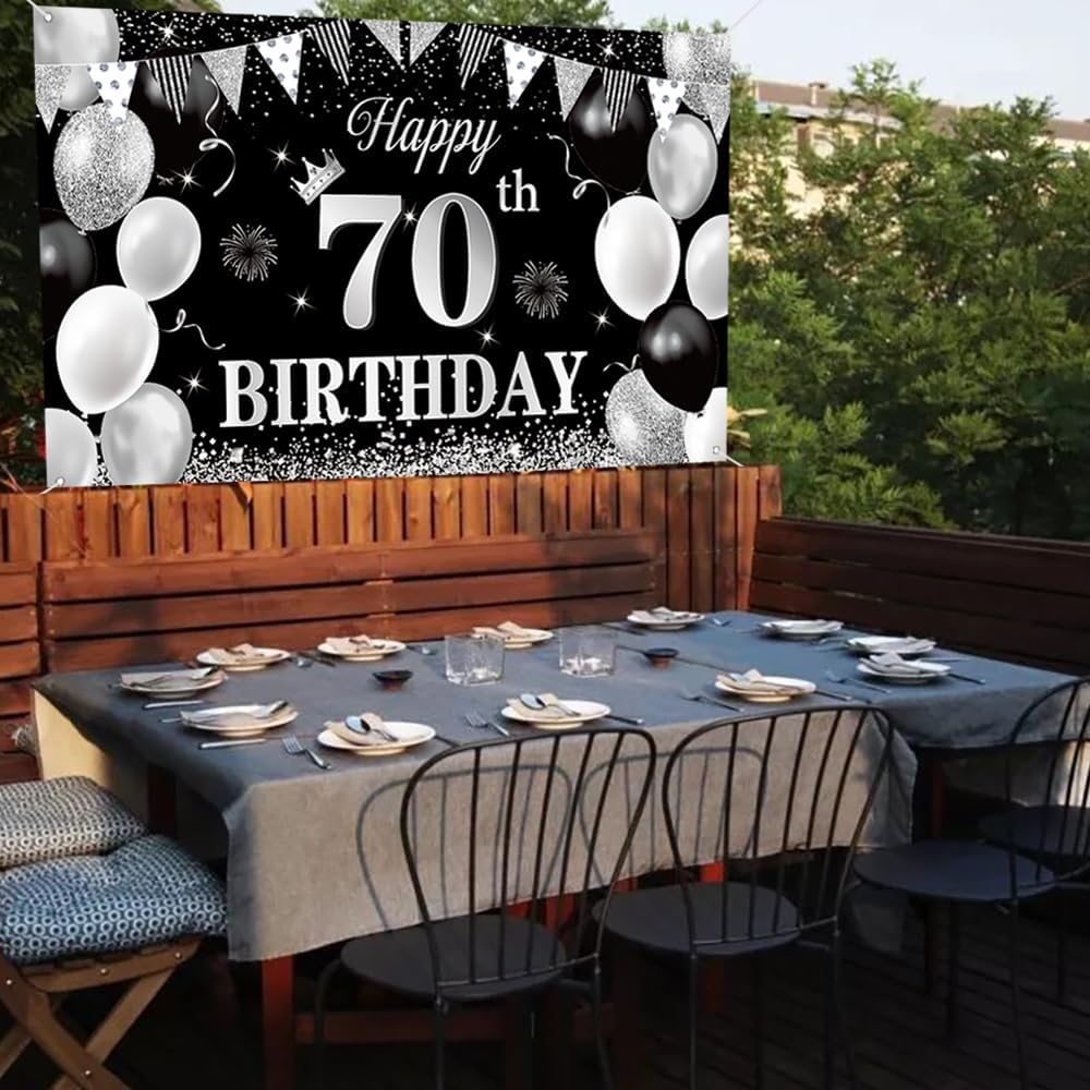 70 Birthday decoration for men and women 70 Happy Birthday Banner Large Black silver Birthday Background Banner 70 Week Commemorative Birthday Party