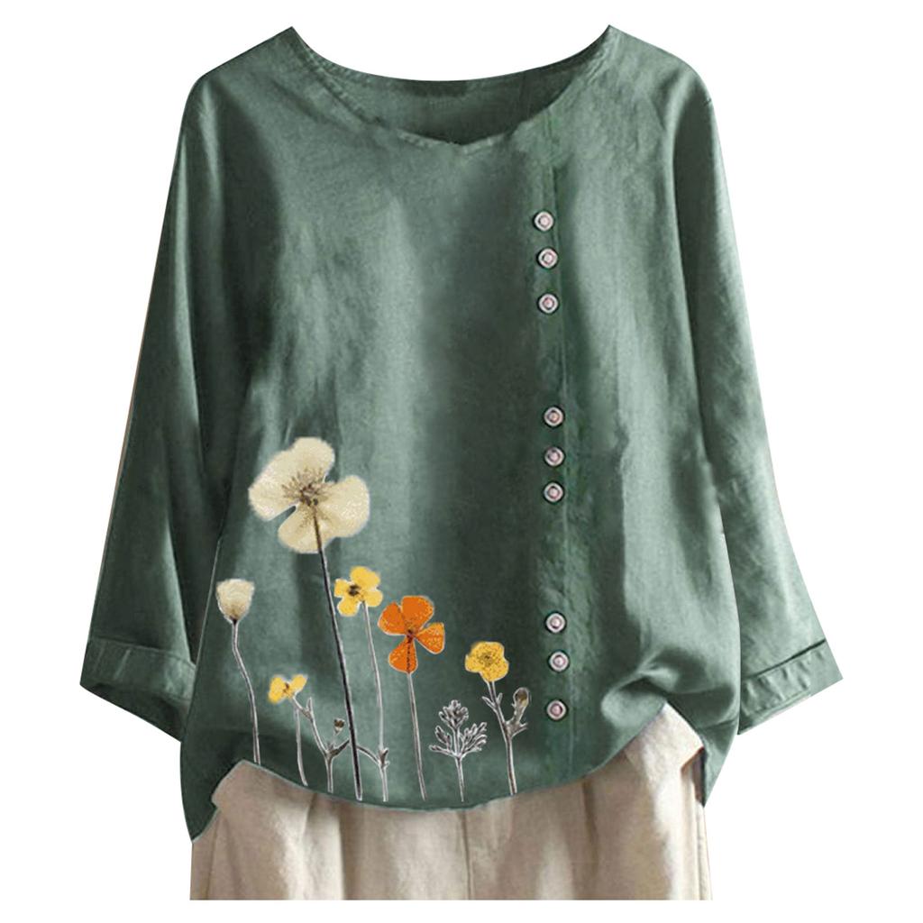 Women Casual Floral Print Long Sleeve Button  Loose T-Shirt Top Blouse