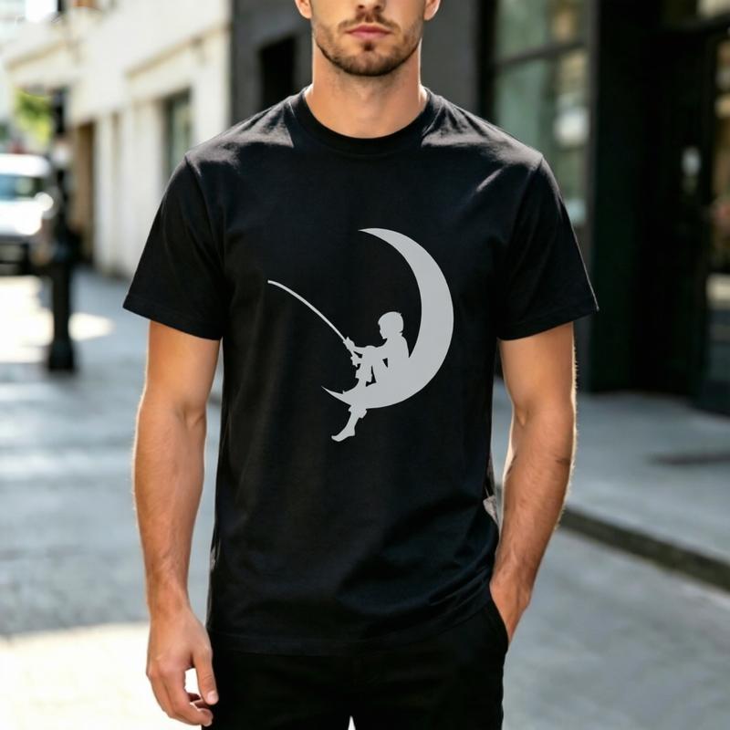Trendy Dreamy Minimalist Night Sky Crescent Moon Fishing Boy Silhouette Graphic Tee Unisex Unisex Cotton Urban Daily Relax Casual