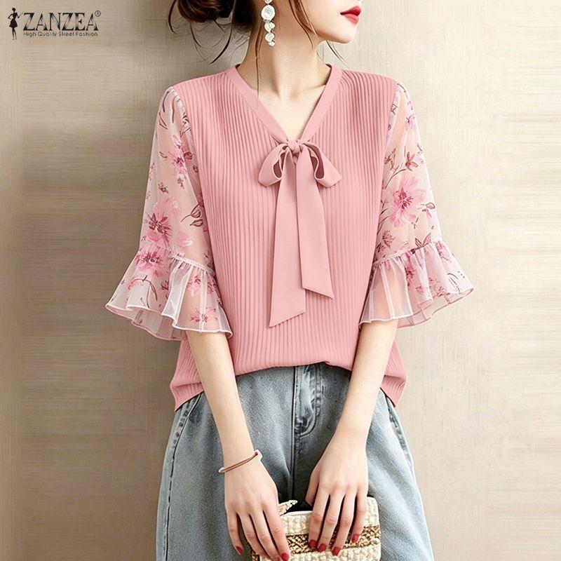 ZANZEA Women Casual V-Neck Floral Print Splice 3/4 Sleeve Loose Blouse