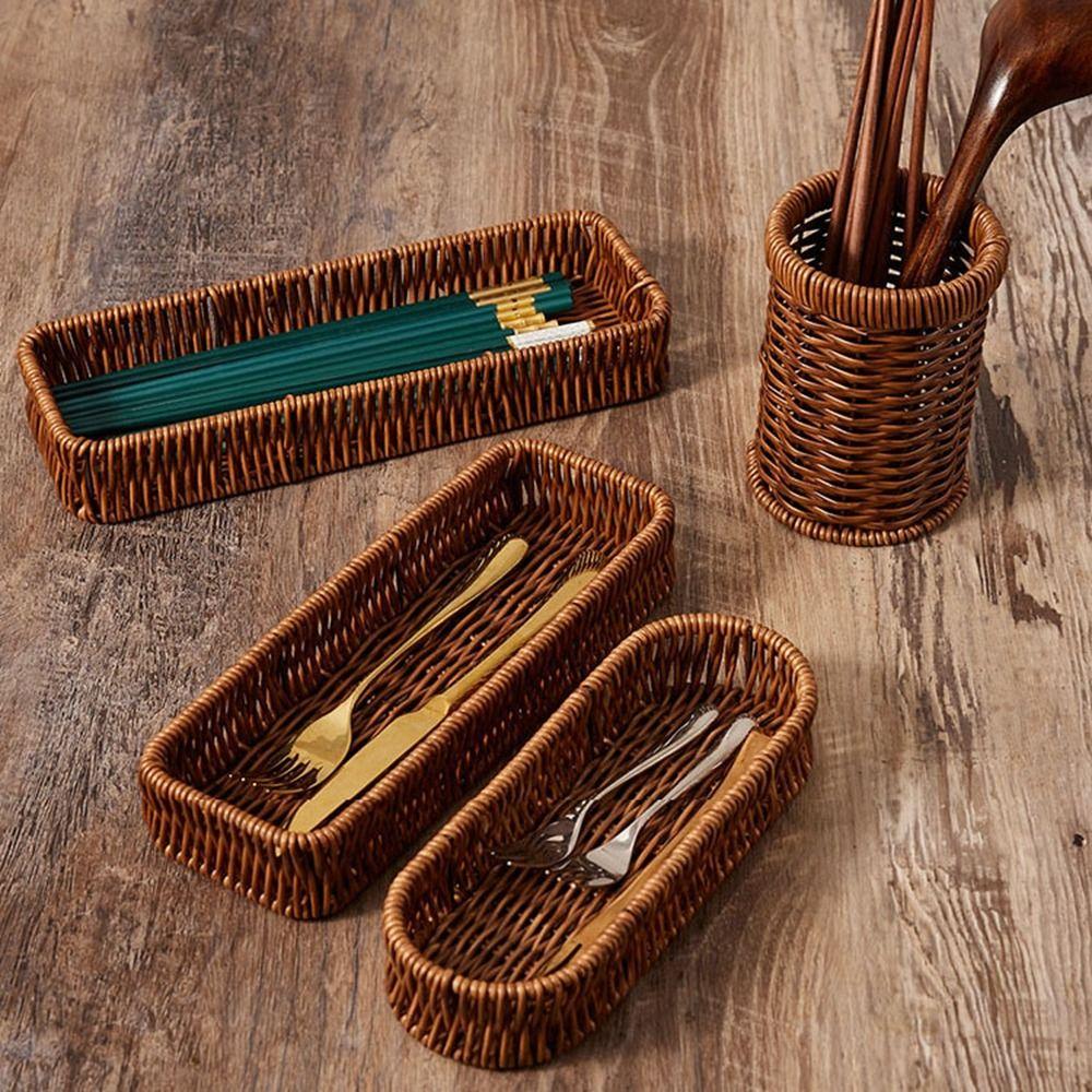 Hardness Rattan Wicker Woven Serving Baskets Handwoven 10 Styles Drain Chopstick Fork Spoon Holder Household
