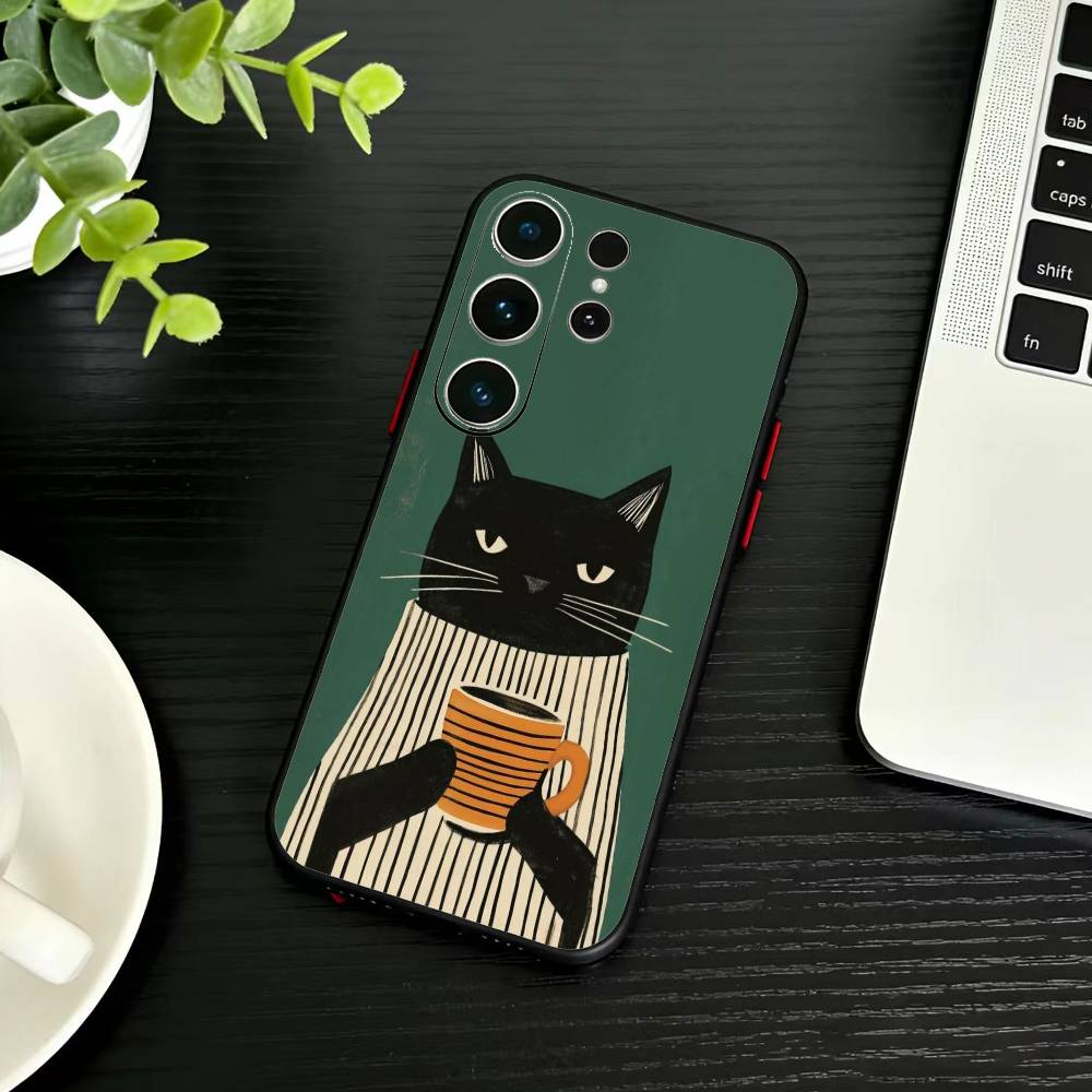 Striped Shirt Coffee Cat Phone Case For Samsung S26,S25,S24,S23,S22,S21,S20,Ultra,Plus,FE Black Soft Cover